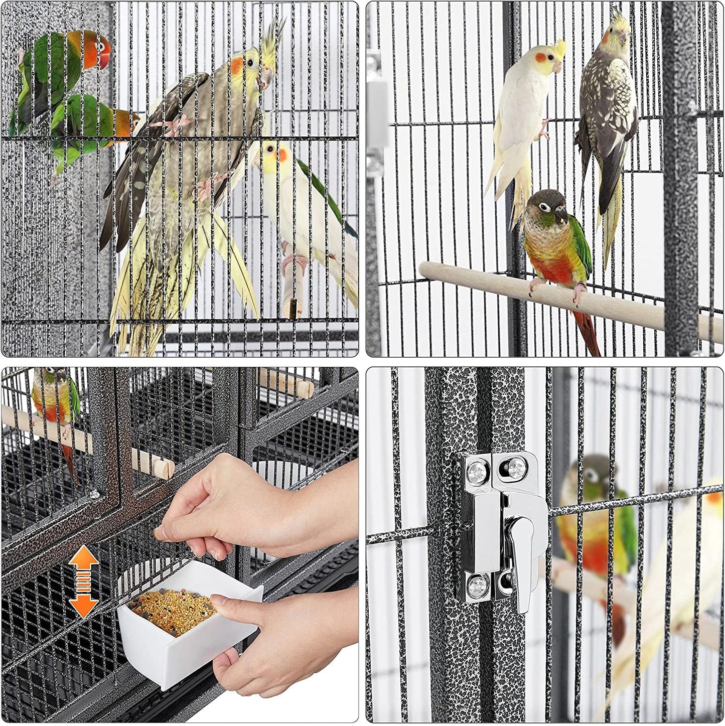 Birdcage with birds and a hand feeding them, showing different angles of the cage.