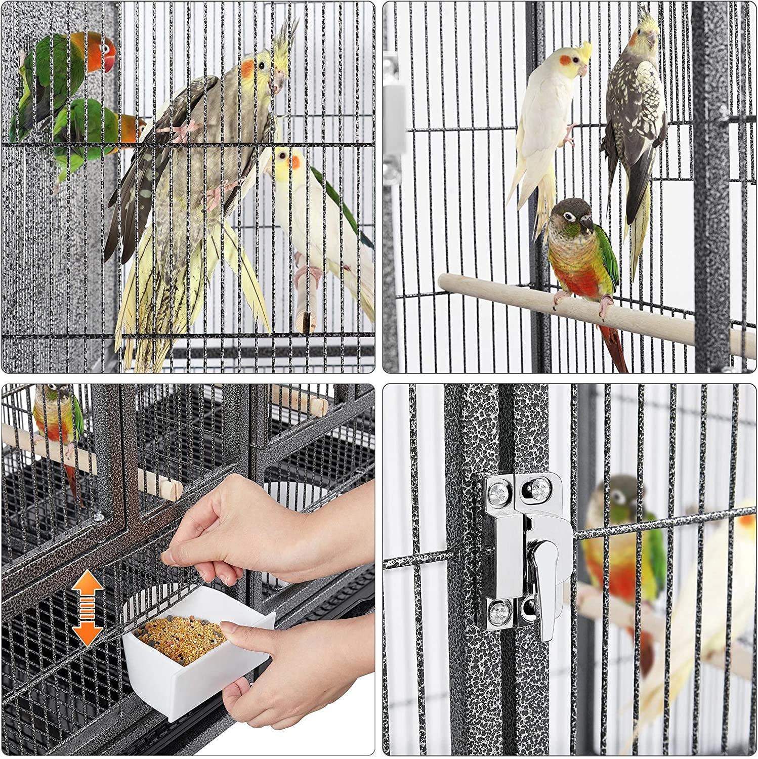 Birdcage with birds and a hand feeding them, showing different angles of the cage.