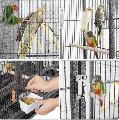 Birdcage with birds and a hand feeding them, showing different angles of the cage.