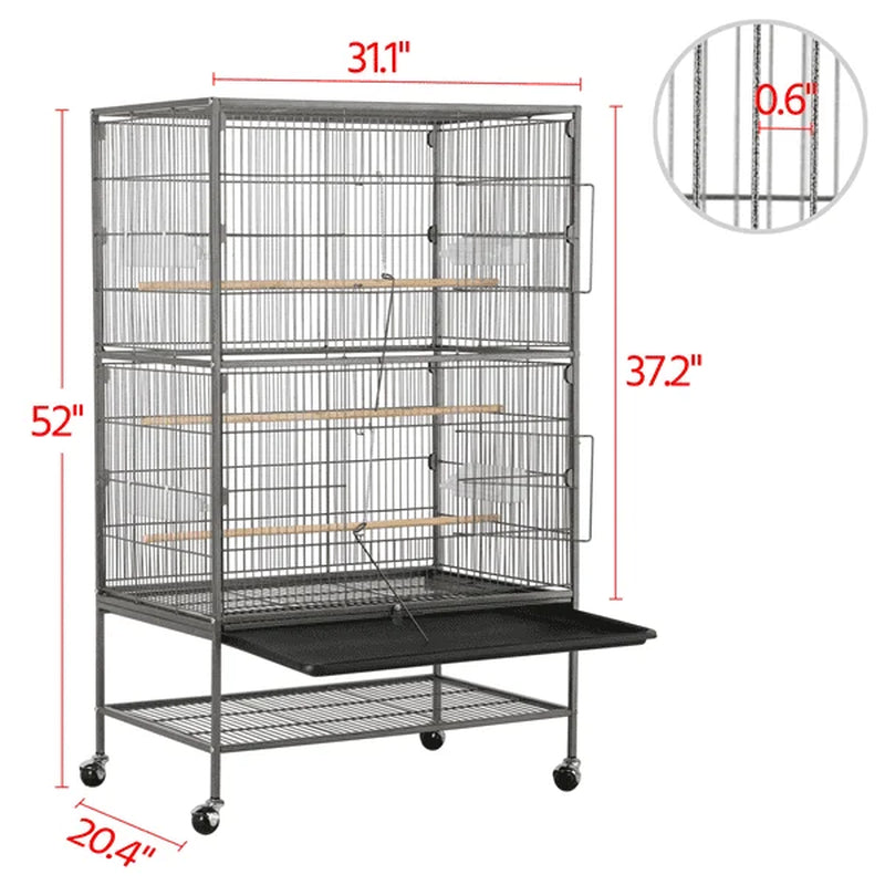 Bird cage with dimensions labeled on a white background