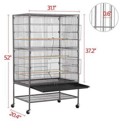 Bird cage with dimensions labeled on a white background