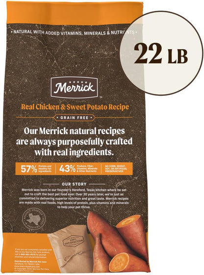 Merrick dog food package with chicken and sweet potato ingredients on a brown background