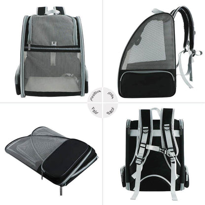 Collage of a black pet carrier backpack from different angles on a white background.