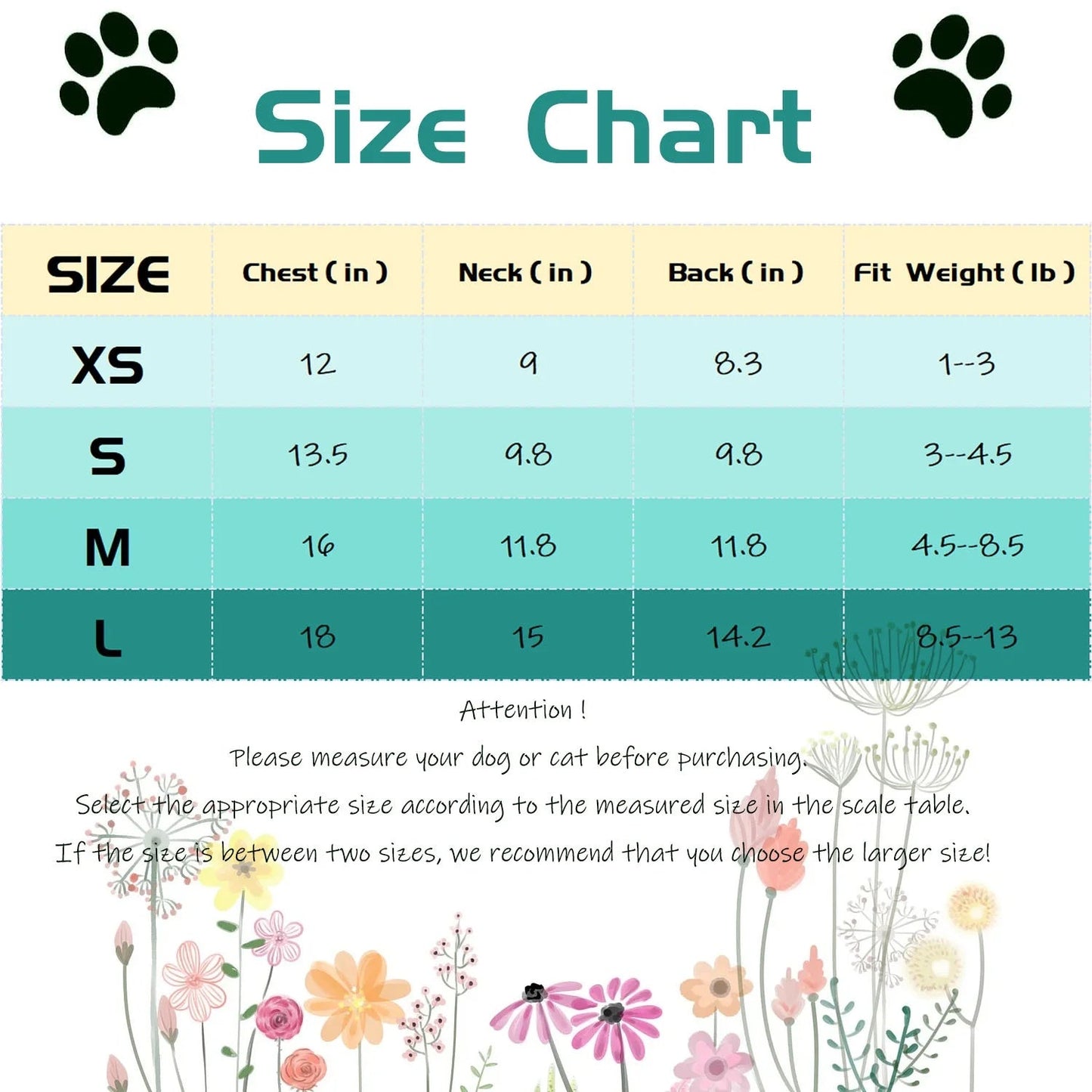 Size chart for dog or cat clothing with floral design at the bottom