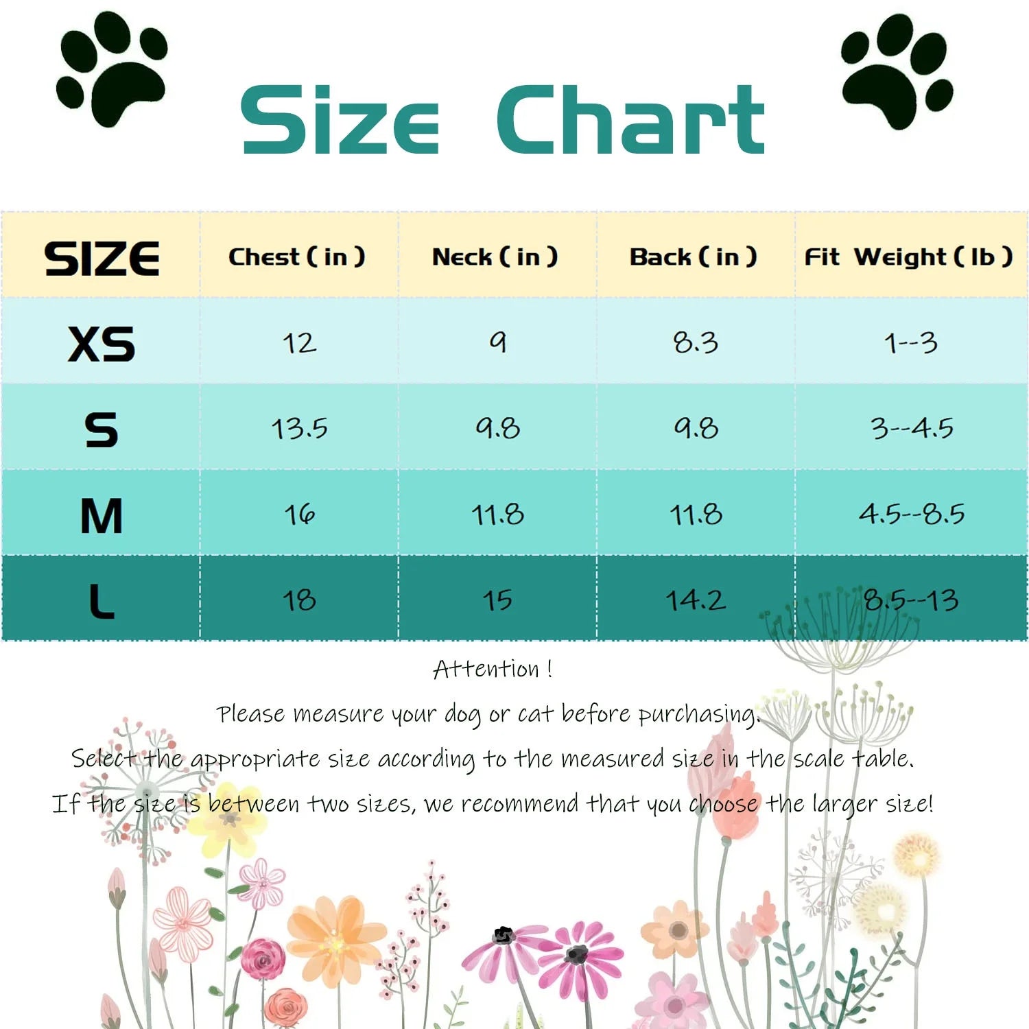 Size chart for dog or cat clothing with floral design at the bottom