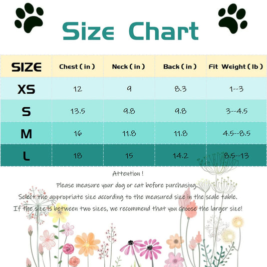 Size chart for dog or cat clothing with floral design at the bottom
