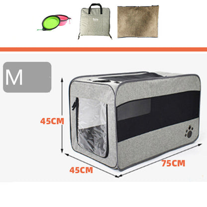 Pet carrier with dimensions labeled on a white background