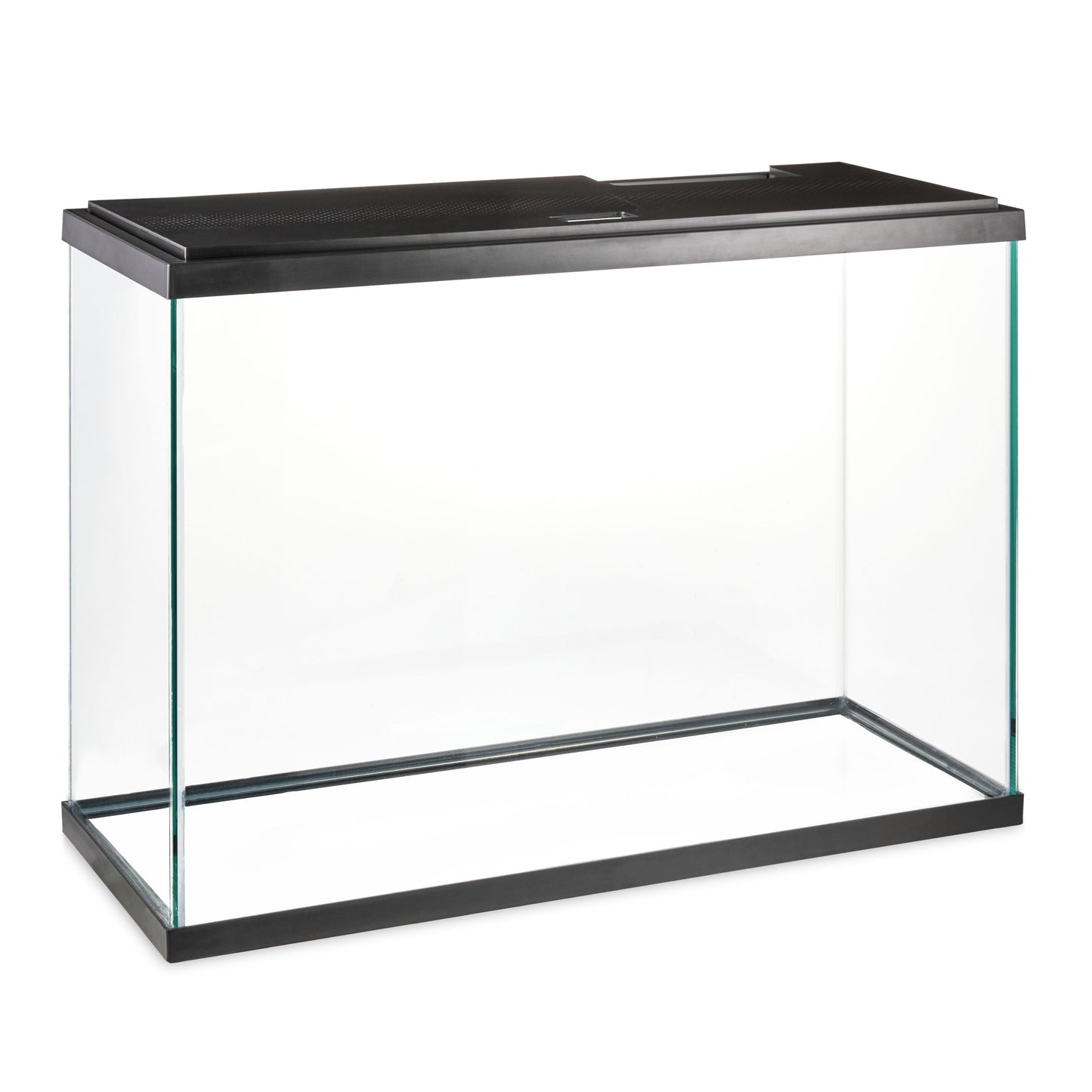 Clear glass aquarium with black frame and top on a white background