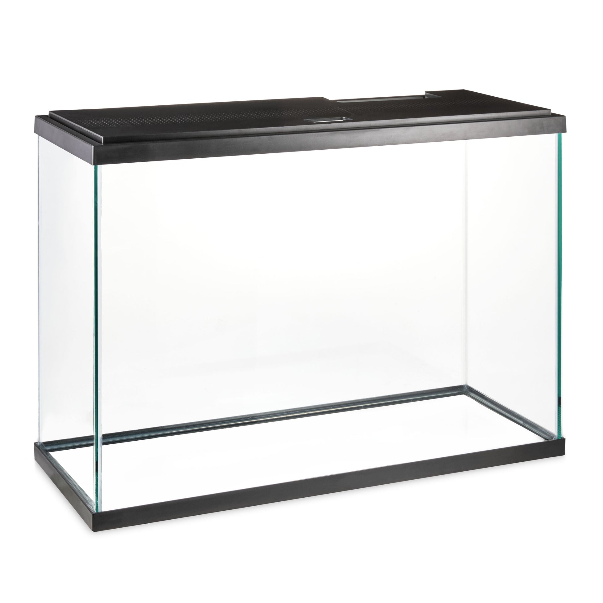 Clear glass aquarium with black frame and top on a white background