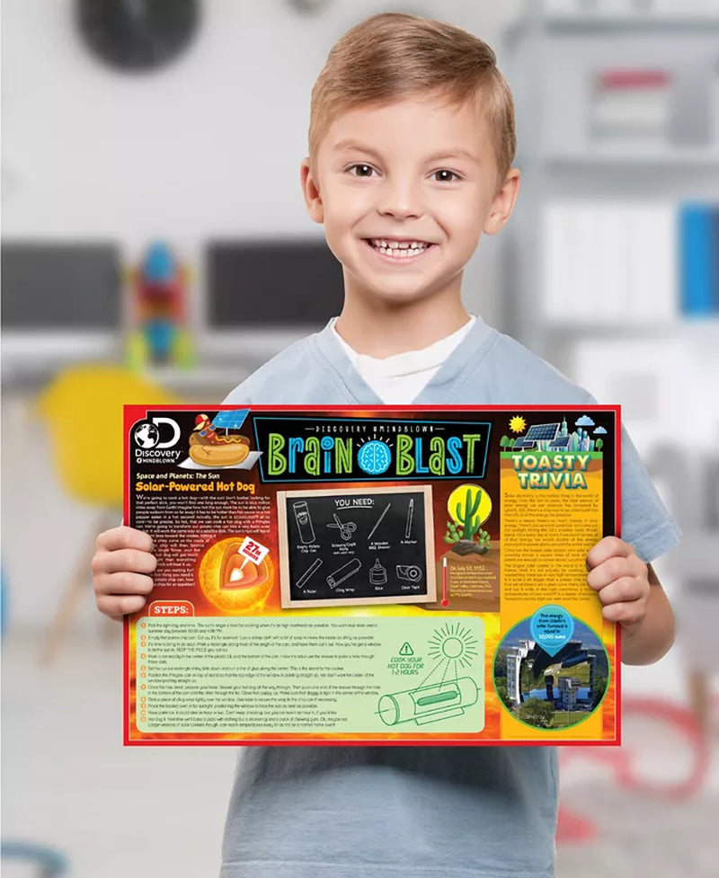 Child holding a colorful educational poster with various activities and trivia questions.