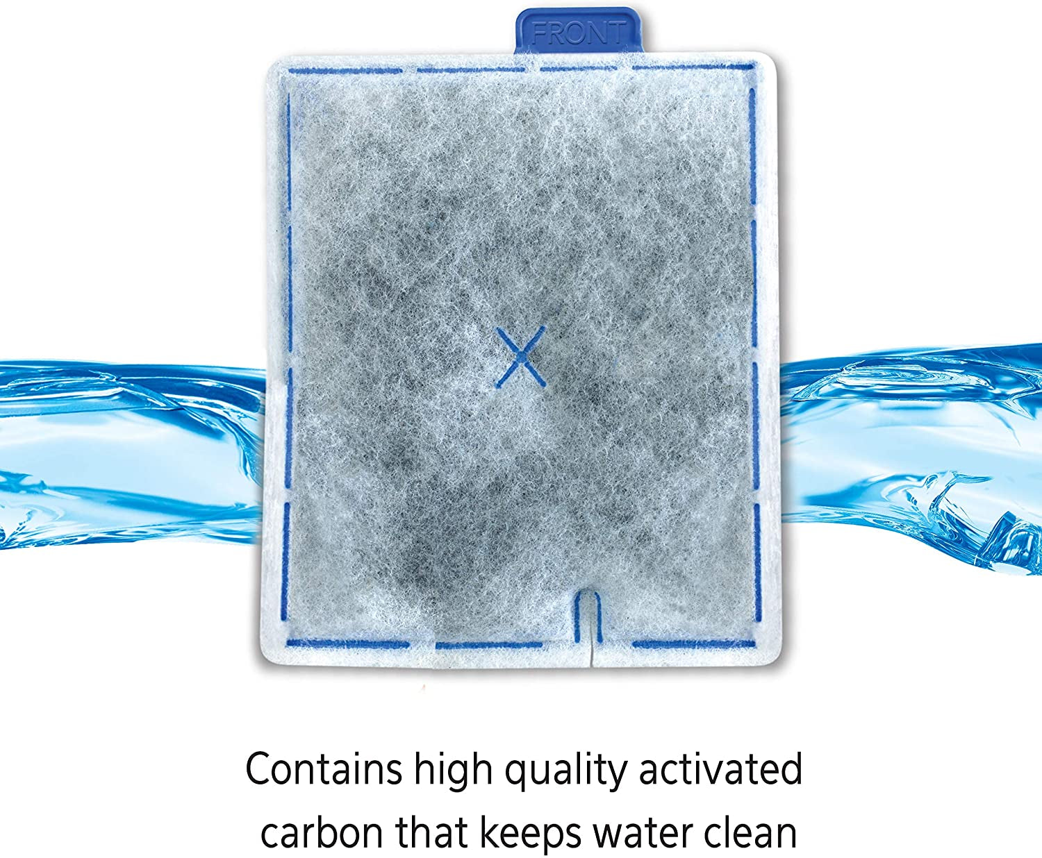 Activated carbon filter with water flowing around it on a white background