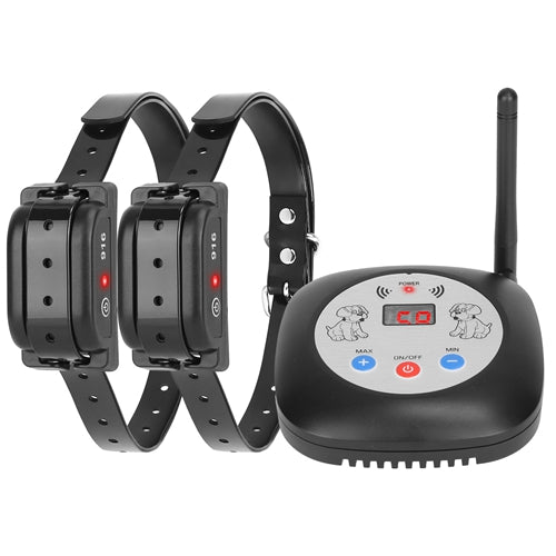 Two black dog collars with a remote control device on a white background