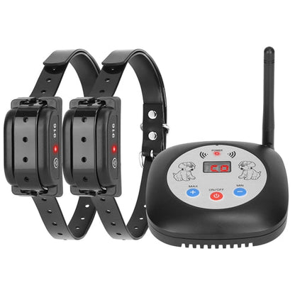 Two black dog collars with a remote control device on a white background