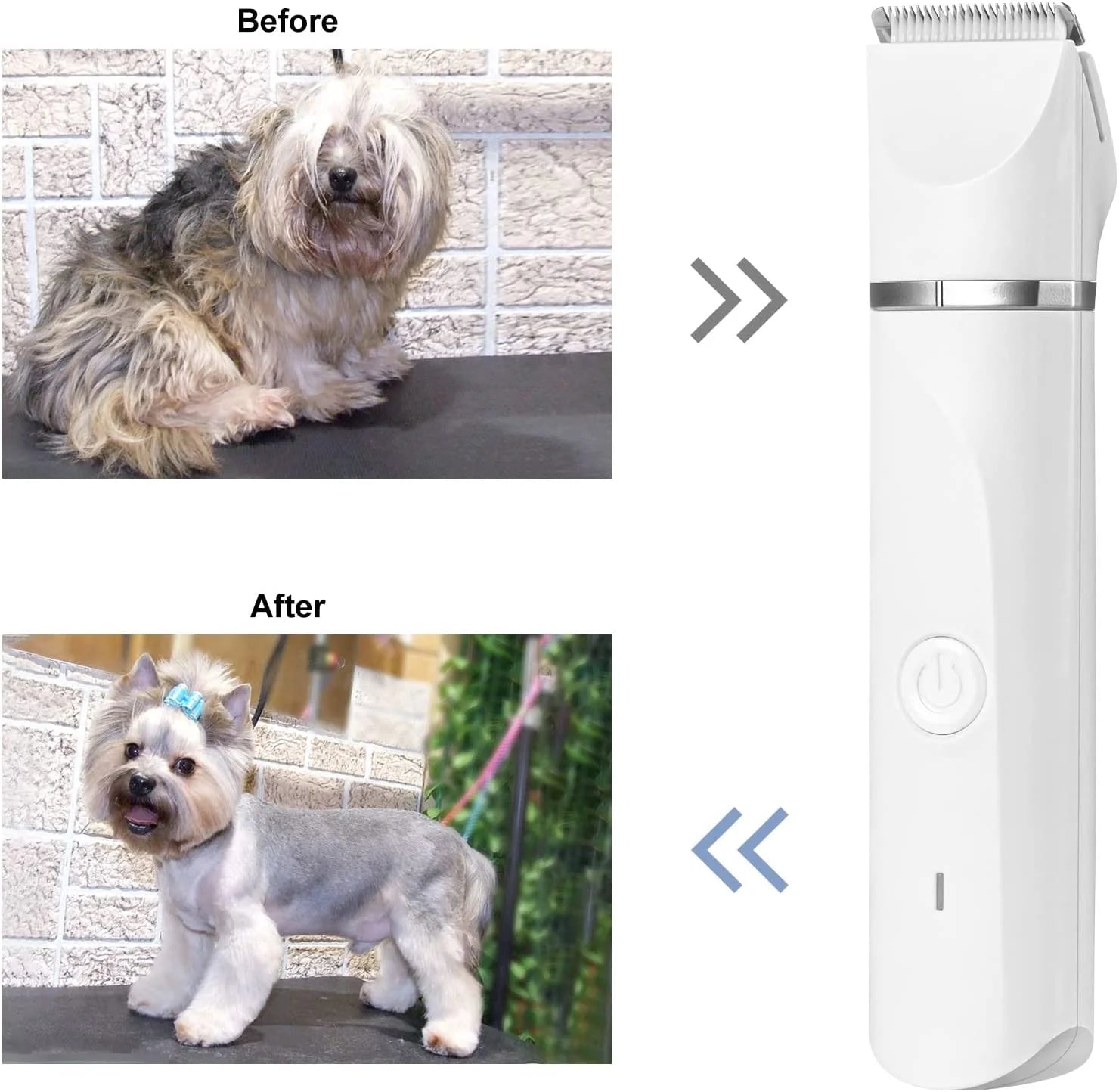 Before and after comparison of a dog with grooming tool on a white background