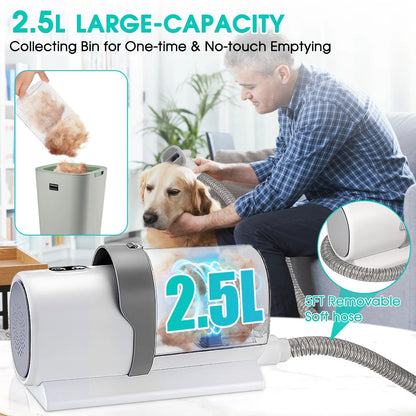 Pet grooming tool with large-capacity collecting bin for pet hair collection, featuring a man grooming a dog.