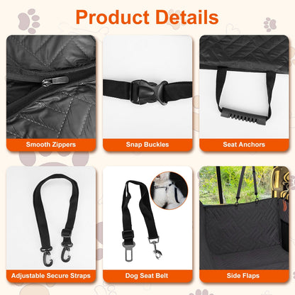 Product details of a dog car seat cover with features like smooth zippers, snap buckles, seat anchors, adjustable secure straps, dog seat belt, and side flaps.