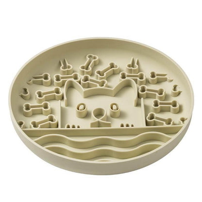 Beige puzzle toy with bone and circle shapes on a white background