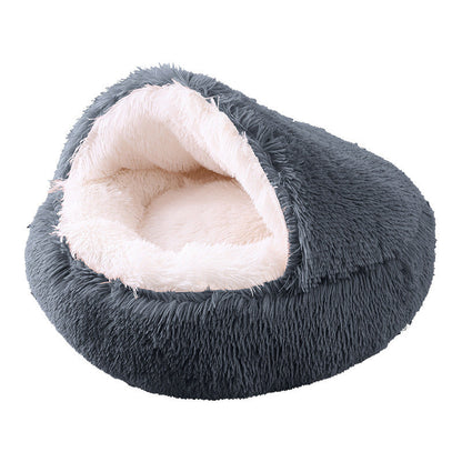 Gray pet bed with white interior on a white background