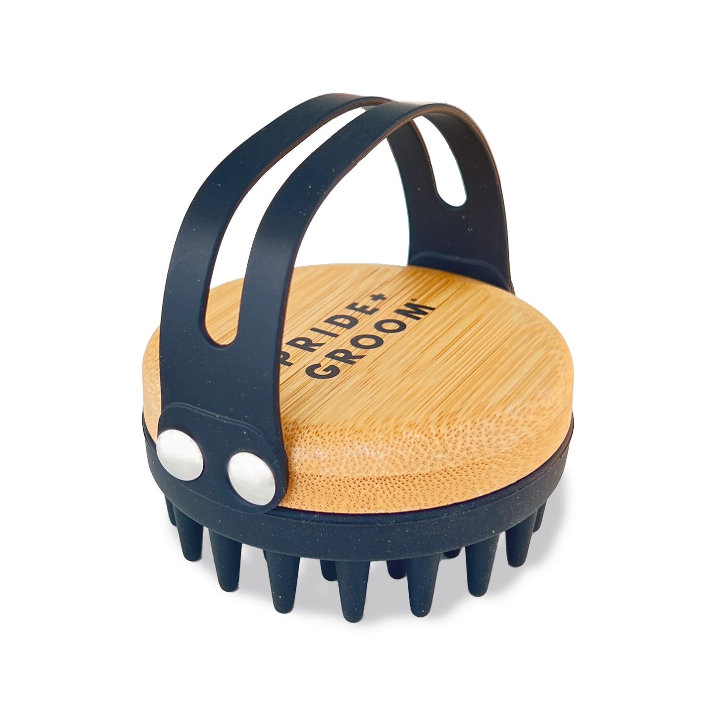 Pet grooming tool with wooden top and black rubberized sides on a white background