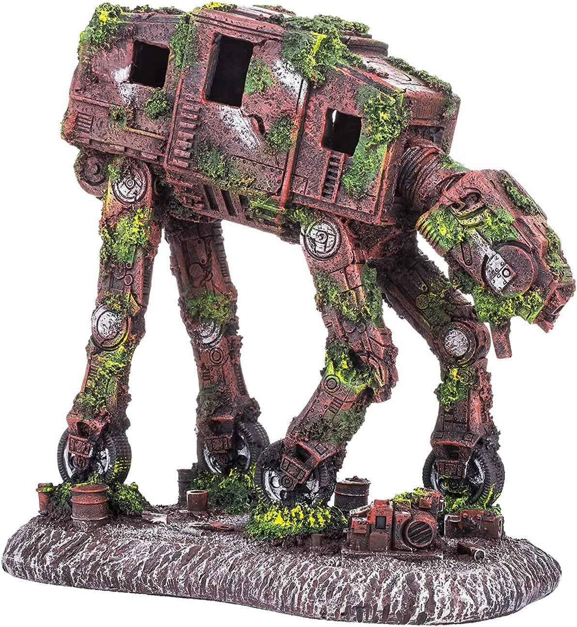 Decorative model of a walking creature with a brown and green color scheme on a white background