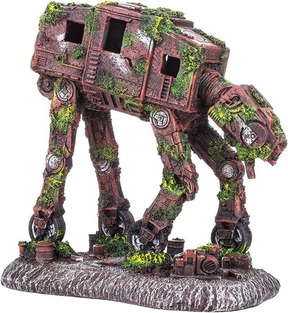 Decorative model of a walking creature with a brown and green color scheme on a white background