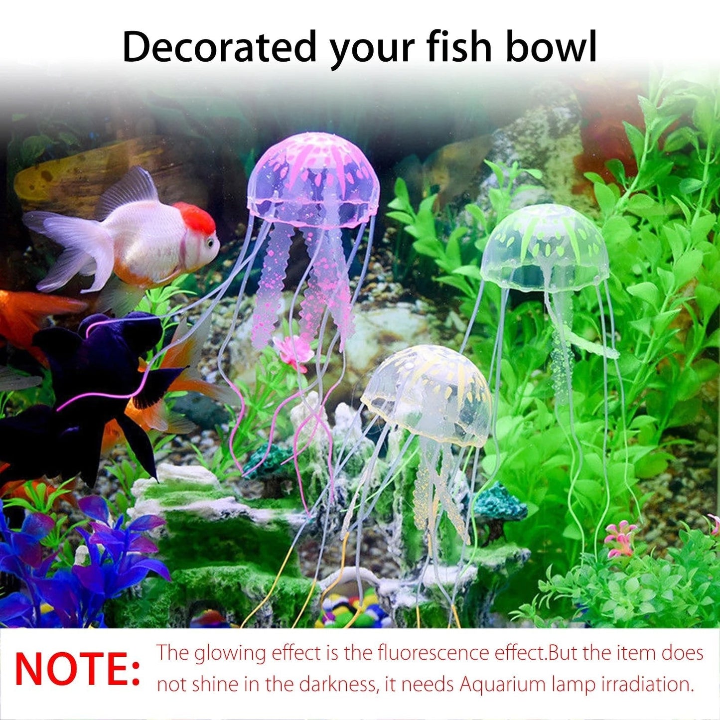 Decorative jellyfish in an aquarium with fish and plants, illuminated by aquarium lamp.