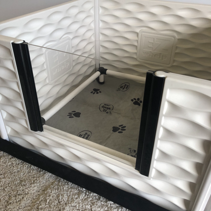 Pet crate with a transparent door on a carpeted floor