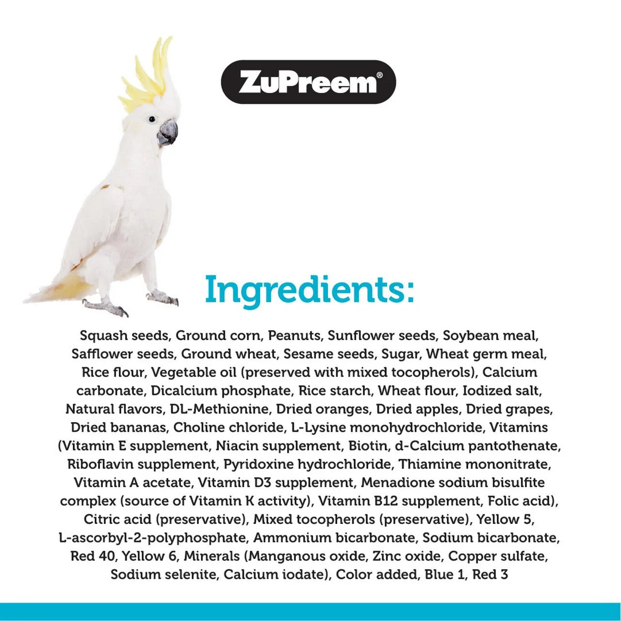 ZuPreem product with a parrot illustration and ingredient list on a white background