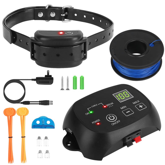 Dog training collar set with receiver, battery pack, and accessories on a white background