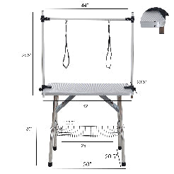 Grooming table with dimensions labeled on a white background