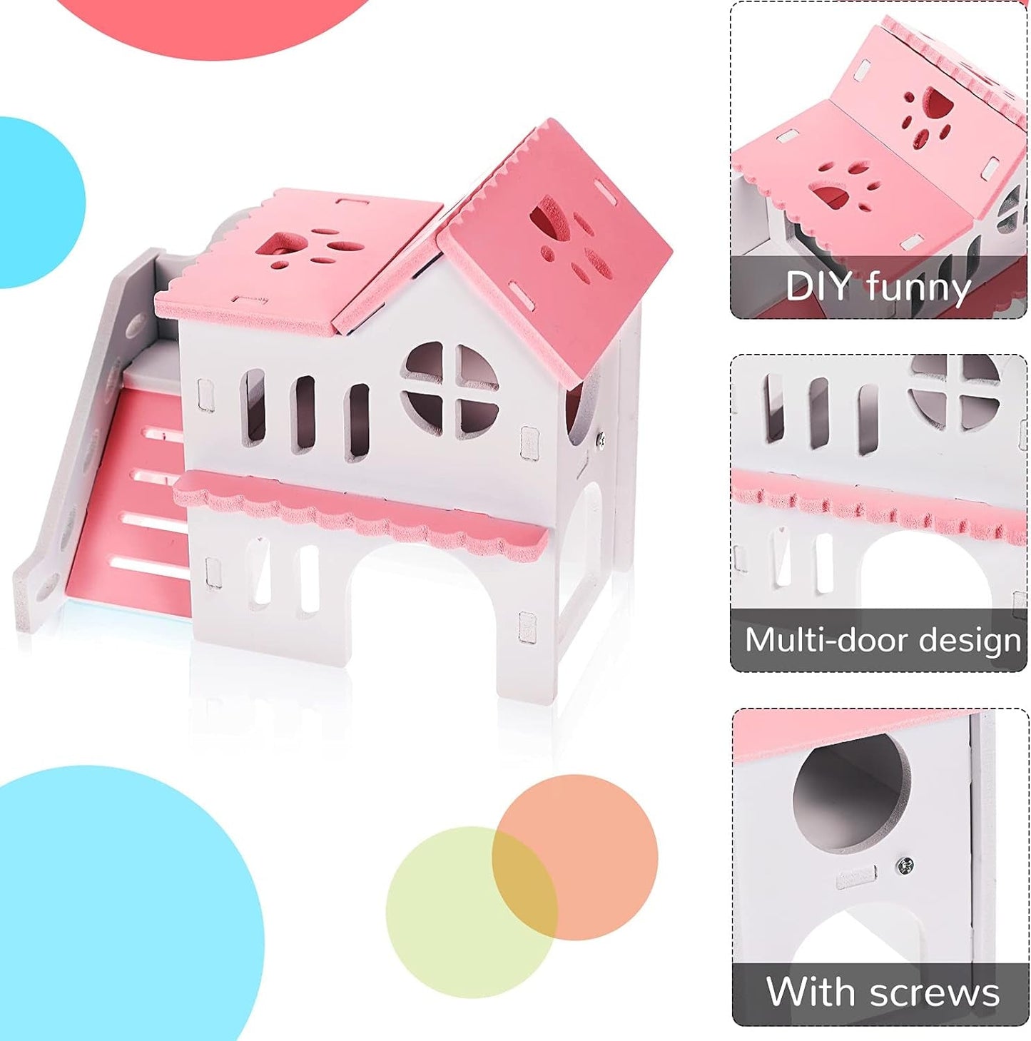 Pink and white DIY house kit with colorful circles around it