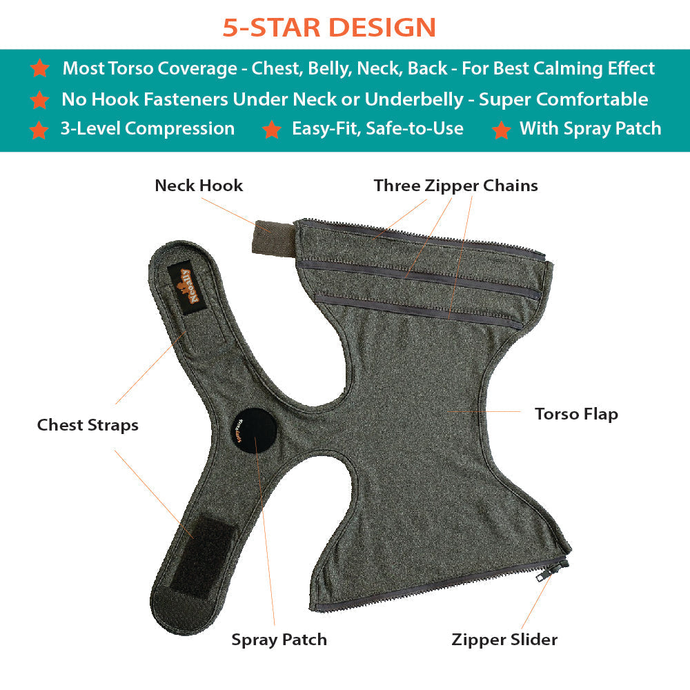 Gray dog harness with labeled parts on a white background