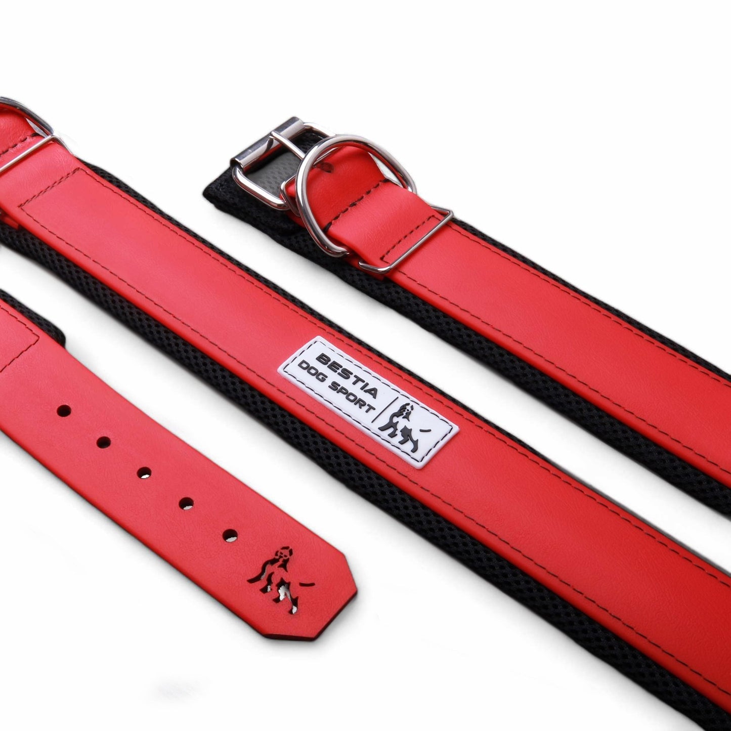 Red dog collar and leash with a visible brand logo on a white background