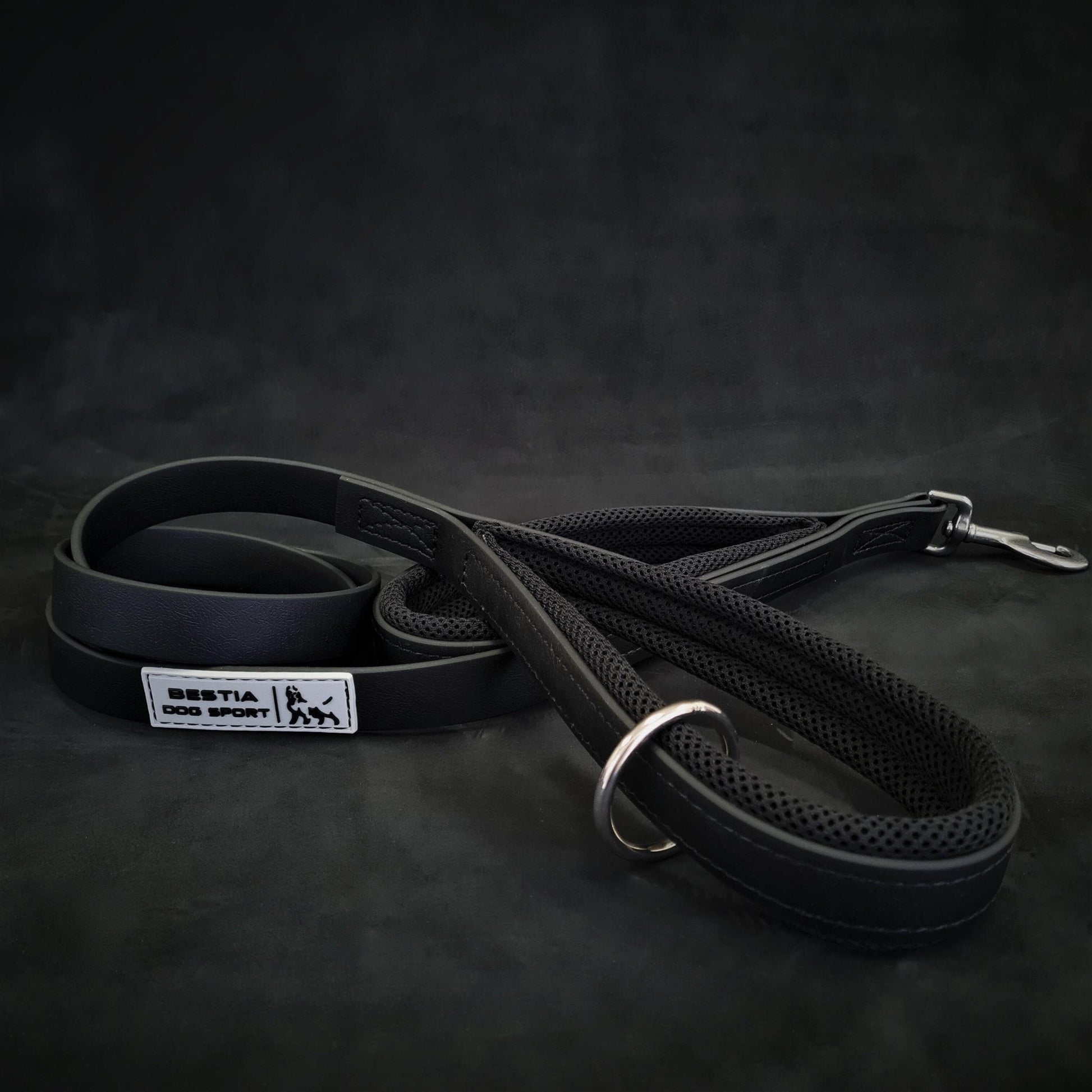 Black dog leash with a metal clip on a dark background