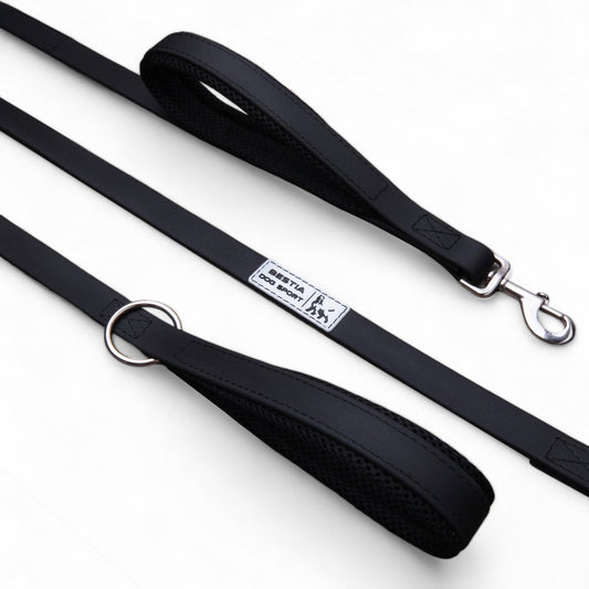 Black dog leash with a metal clip on a white background