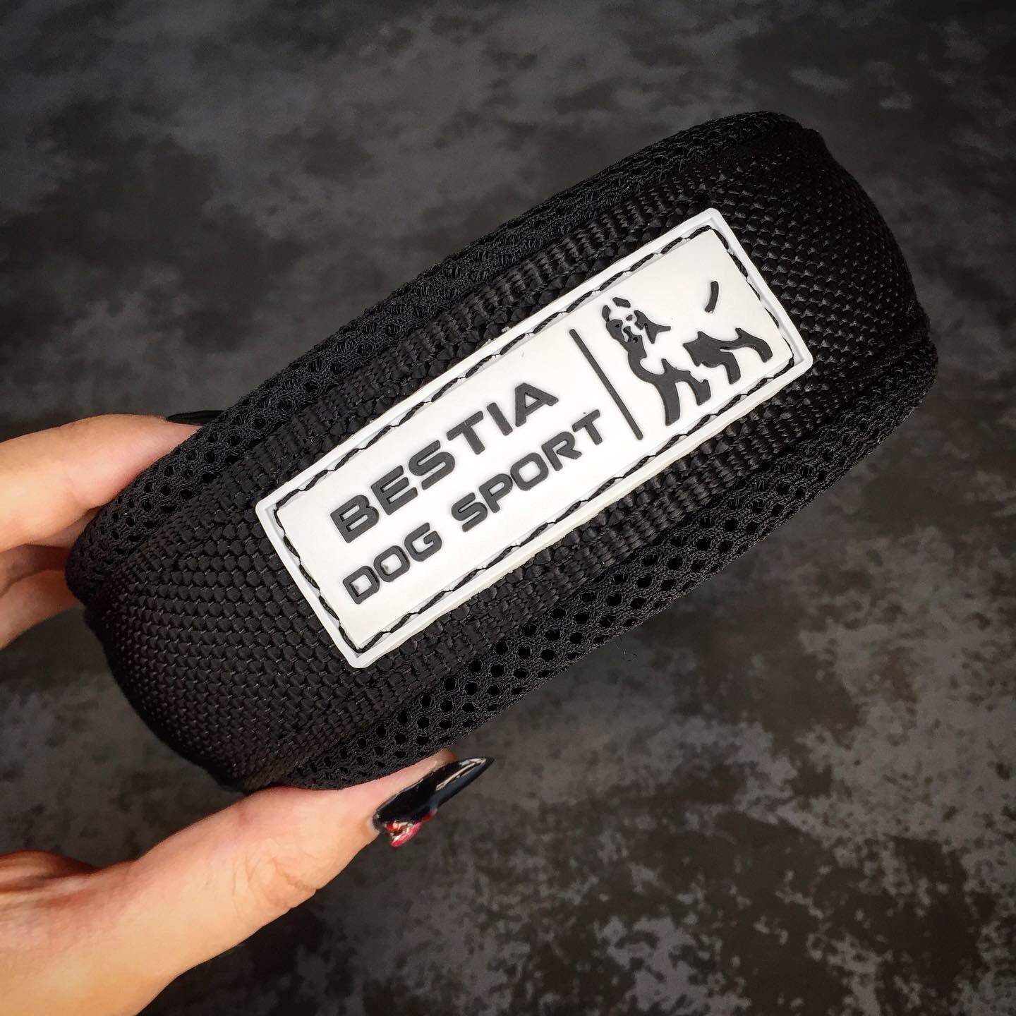 Black dog training band with 'BESTIA DOG SPORT' label held by a hand on a dark background
