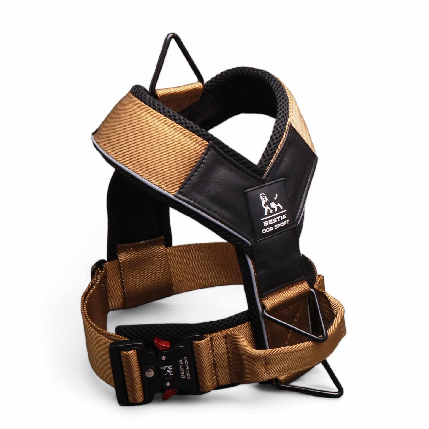Dog harness with brown and black straps on a white background