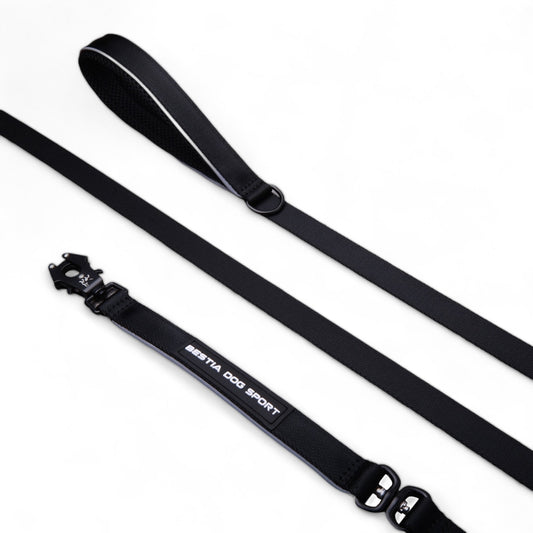 Black dog leash with a clip on a white background