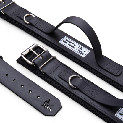 Black dog collar with metal buckle and visible brand logo on a white background