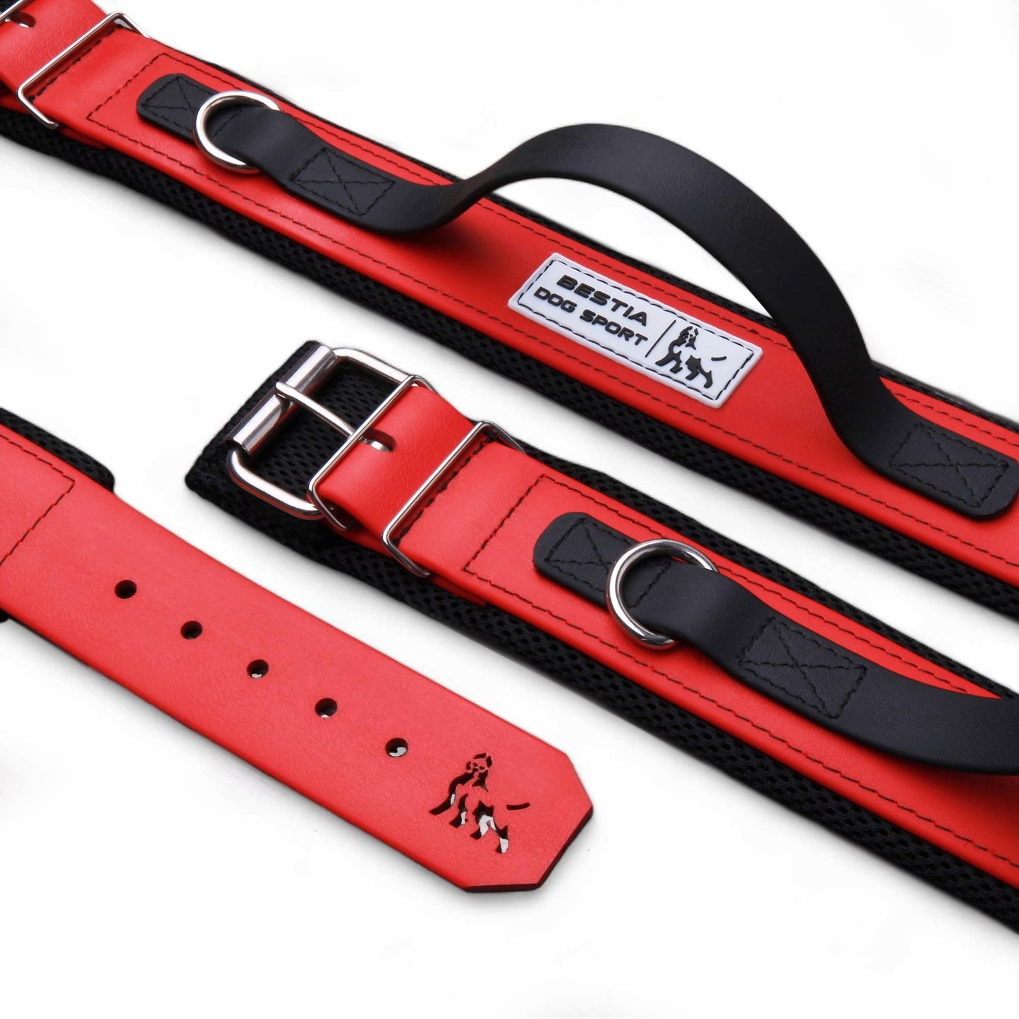 Red and black dog collar with visible brand logo on a white background