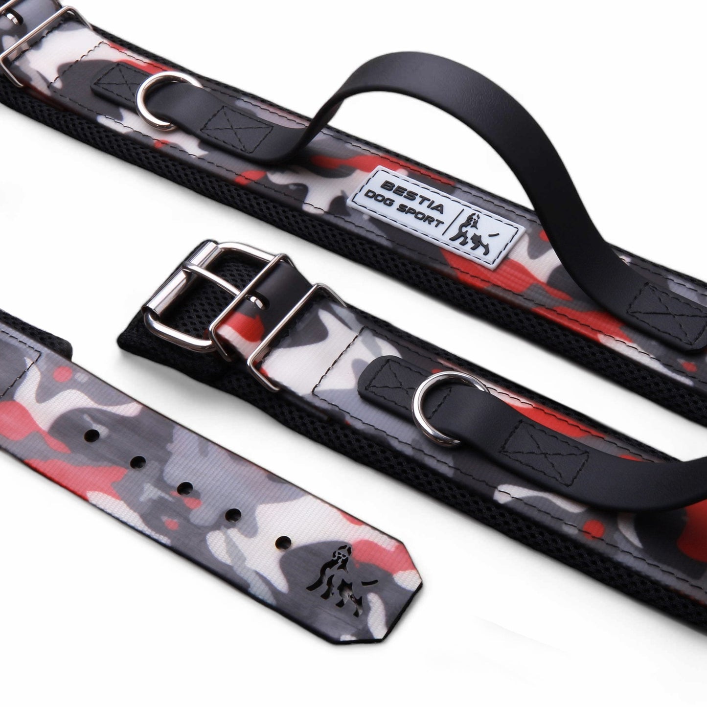 Camouflage-patterned dog collars with metal buckles on a white background, featuring the 'Bestia Dog Sport' brand.