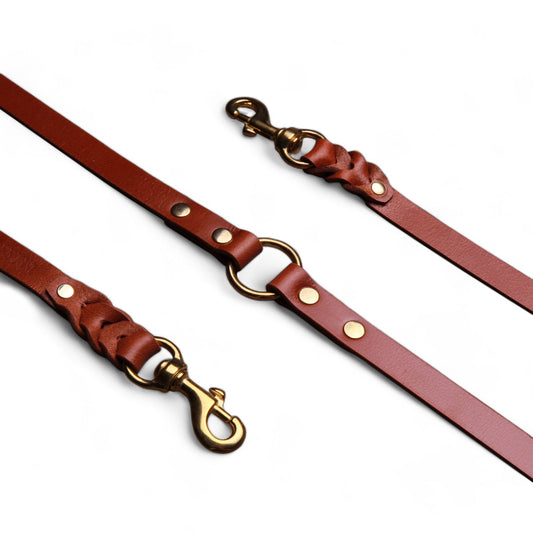 Brown leather dog leash with gold hardware on a white background