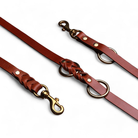 Brown leather dog leash with gold hardware on a white background