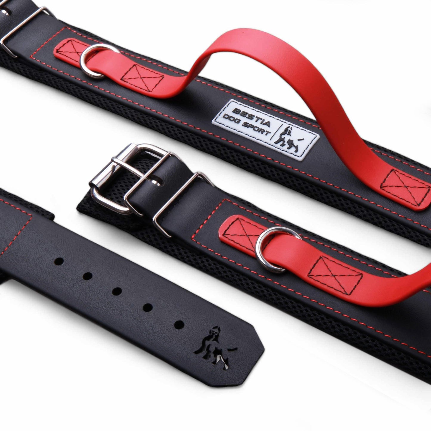 Black and red dog collar with visible brand logo on a white background