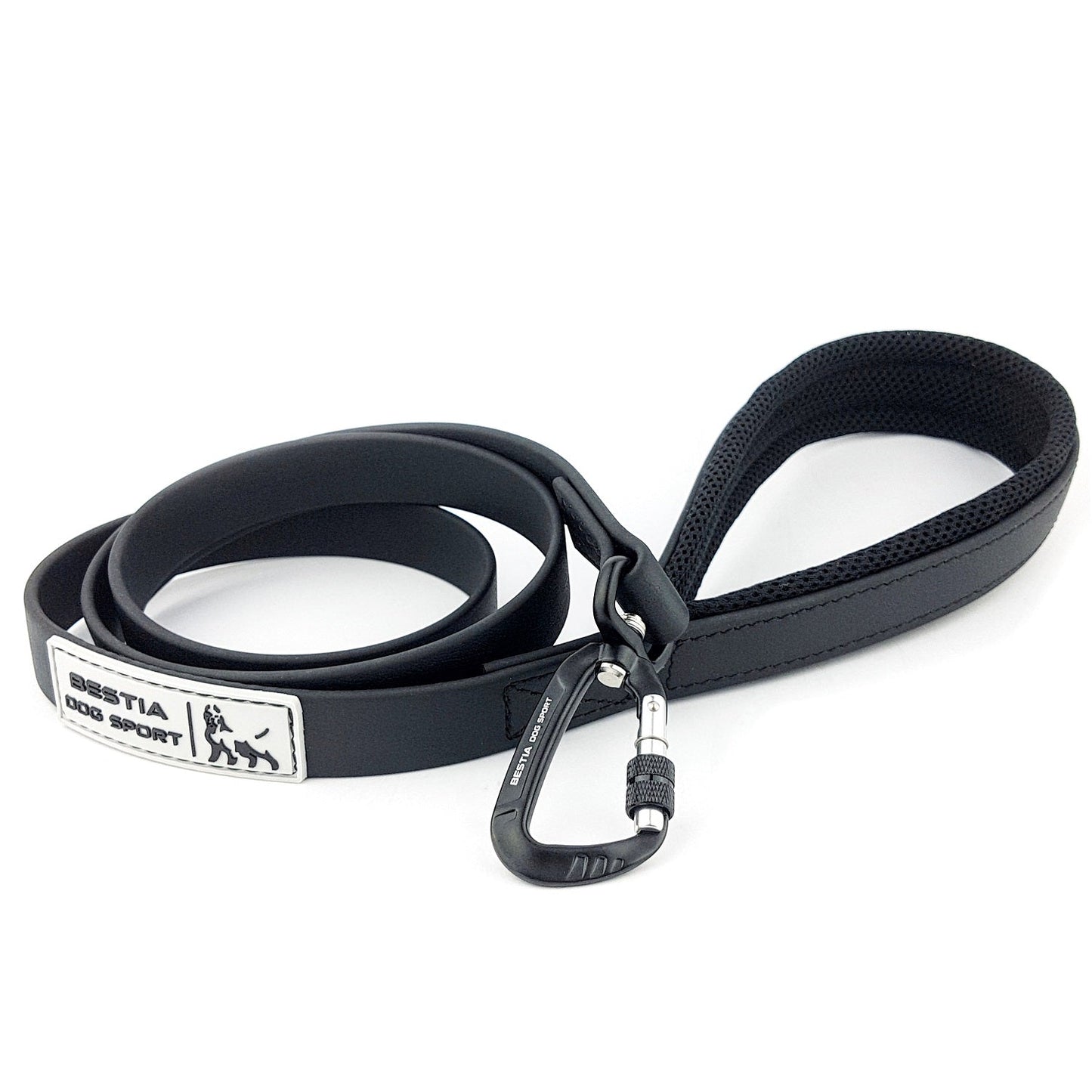 Black dog leash with carabiner on a white background
