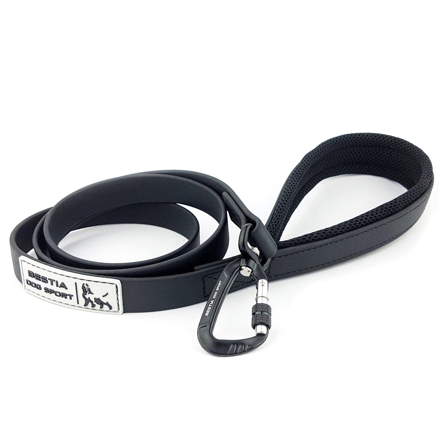 Black dog leash with carabiner on a white background