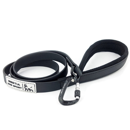 Black dog leash with carabiner on a white background