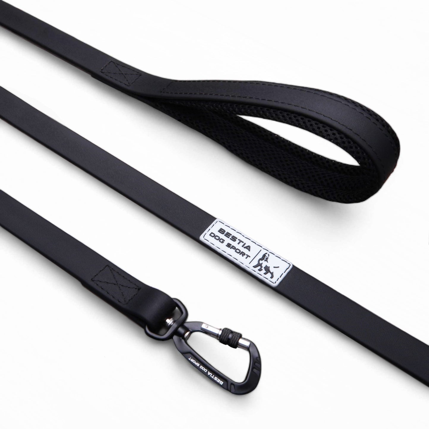 Black dog leash with a brand label on a white background