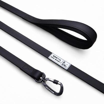 Black dog leash with a brand label on a white background