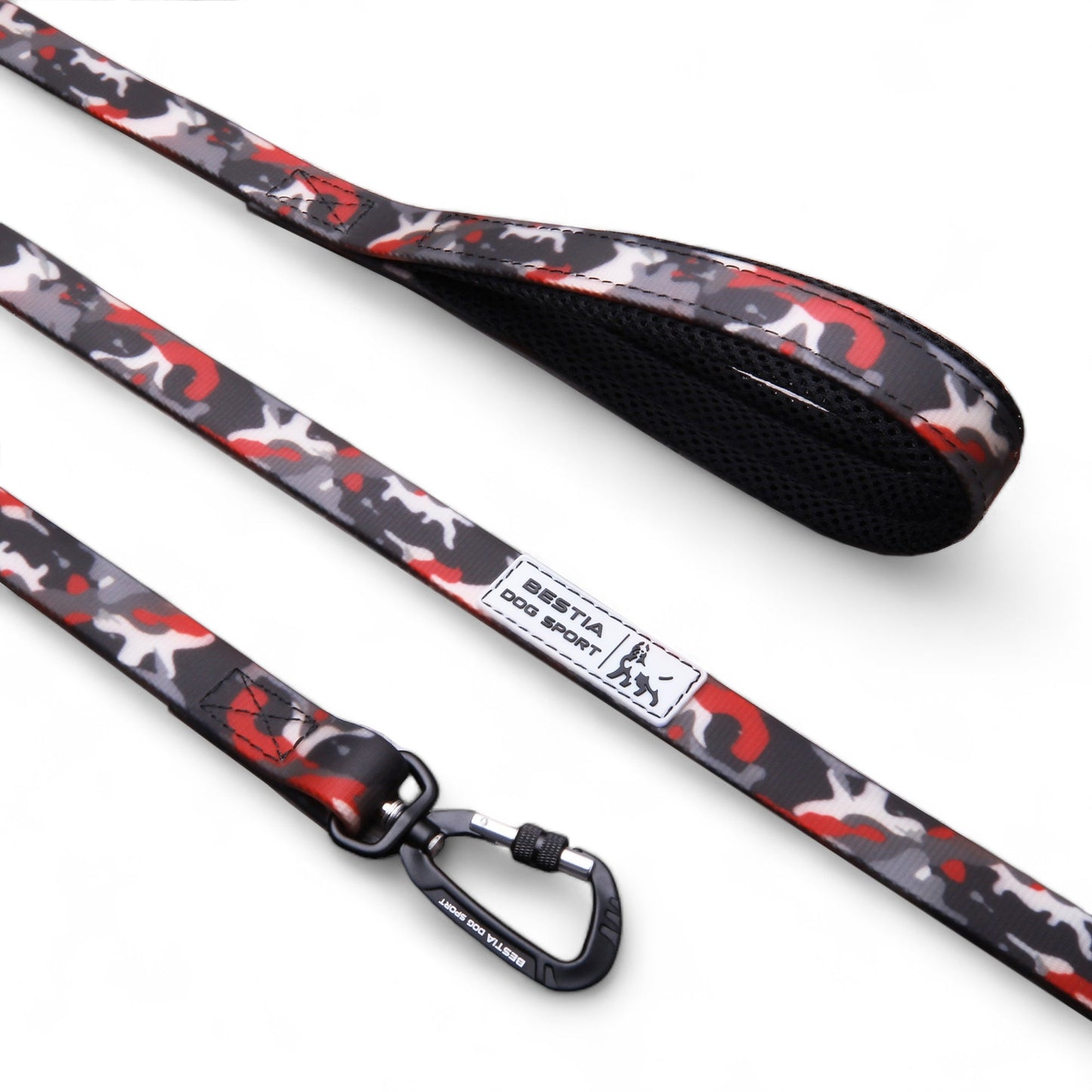 Dog leash with camouflage pattern on a white background